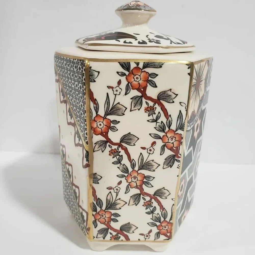 VTG  Masons Ironstone hexagon Lidded Jar With Applique Pattern,Multi-colored.